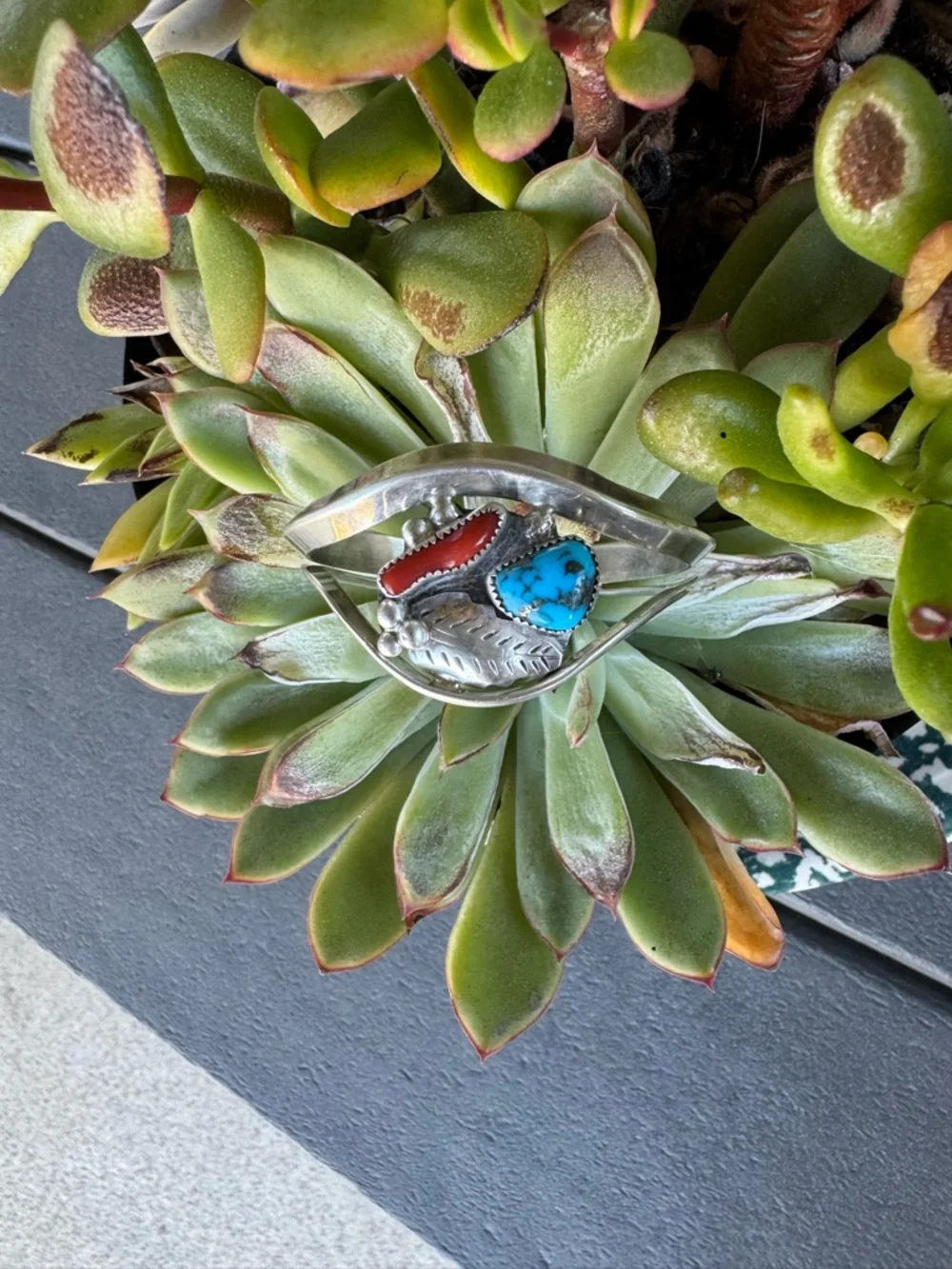 Native American David F Garcia Sterling Silver Turquoise and Coral Cuff Bracelet